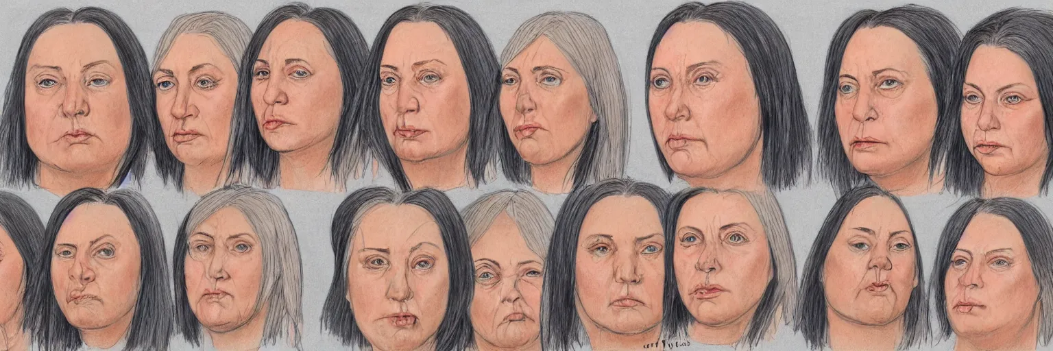 Prompt: colored pencils female character face study of iggy pop, fat woman, 5 5 yo, clear female iggy pop faces, emotional, character sheet, fine details, concept design, contrast, kim jung gi, pixar and da vinci, trending on artstation, 8 k, 3 6 0 head, turnaround, front view, back view, ultra wide angle