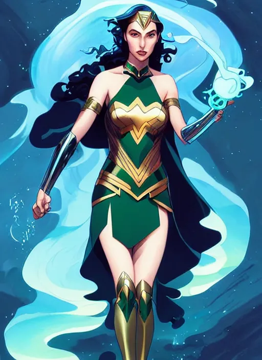 Image similar to style artgerm, joshua middleton, illustration, gal gadot as a high priestess wearing green pelt light armor, anime eyes, blue hair, swirling water cosmos, fantasy, dnd, cinematic lighting