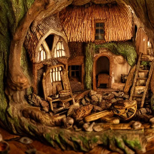 Image similar to miniature Renaissance village inside of a carved out giant oak tree, ultrarealistic, cinematic, highly detailed, dramatic lighting, award winning photography, 8k