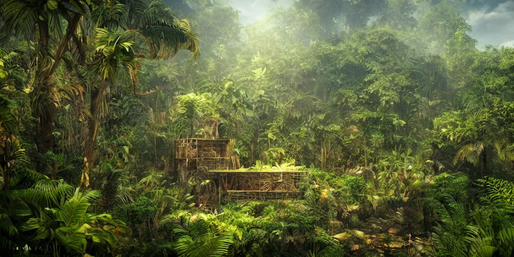 Prompt: tropical jungle, wall wood fortress, borderland style, Hyperrealistic CGI, Photorealistic, cinematic, volumetric lighting, fanart on ArtStation concept art
