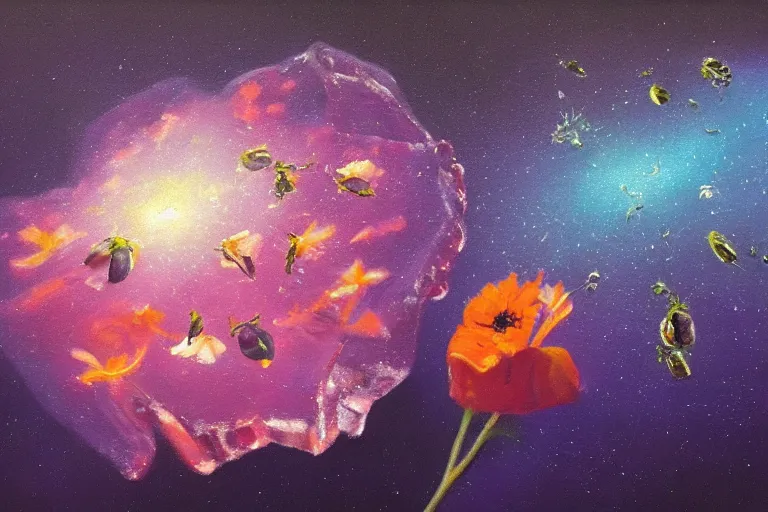 Prompt: hyperrealism oil painting, ice cube with flowers and fireflies, gradient mixed with nebula sky, in style of baroque