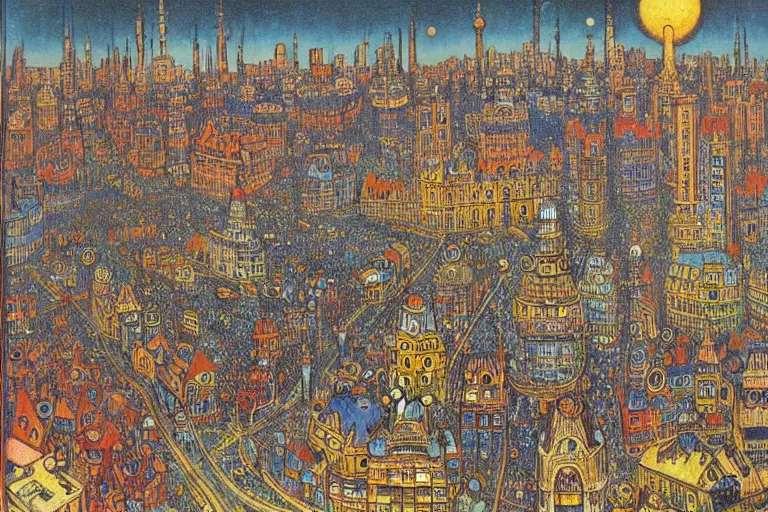 Image similar to victorian scifi cityscape by Louis Wain (1920)