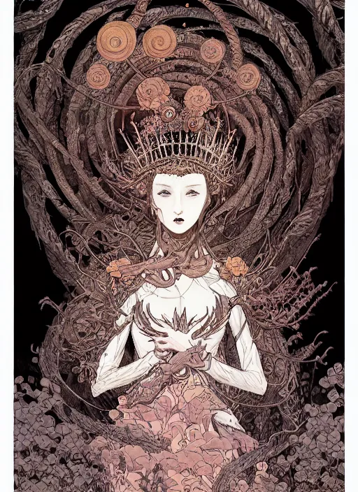 Image similar to behold the worm queen, digital illustration in a mixed style of serhiy krykun and ken taylor and takato yamamoto, inspired by gothic paintings and shoujo manga, surrounded by a torchlit cavern landscape, hyper detailed, stunning inking lines, flat colors, 4 k, hd, award winning, photorealistic