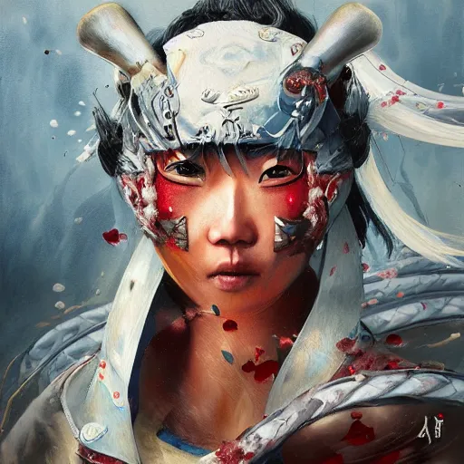 Prompt: japanese warrior woman, expressive oil painting, digital art, trending on artstation, battle, by Yoshitaka Amano