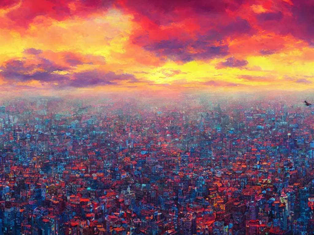 Prompt: birdseye view of a colorful sunrise over city surrounded by clouds, art by yoshitaka amano and alena aenami, cg society, cityscape