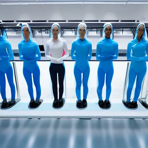 Image similar to group of identical athletic humans with light blue neoprene suits and white hair standing in a line on a conveyor belt, background of advanced futuristic laboratory, sci - fi, highly detailed, hyperrealistic