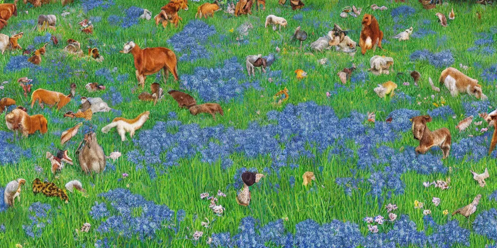 Prompt: Miltonian idyllic azure meadow sunny weather heaven of animals, detailed, intricate, masterpiece, 8k resolution