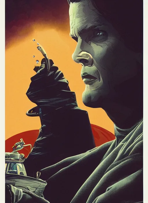 Image similar to poster artwork by Michael Whelan and Tomer Hanuka, Karol Bak of Tom Cruise black tentacles emerge from his back, from scene from Twin Peaks, clean, simple illustration, nostalgic, domestic, full of details