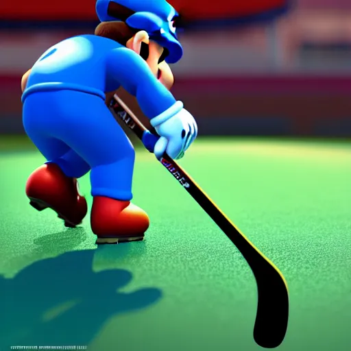 Image similar to super mario playing hockey, highly detailed, extremely high quality, hd, 4 k, 8 k, canon 3 0 0 mm, professional photographer, 4 0 mp, lifelike, top - rated, award winning, realistic, detailed lighting, detailed shadows, sharp, no blur, edited, corrected, trending