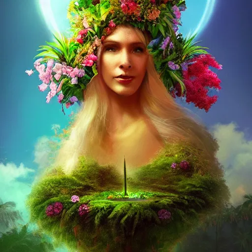 Image similar to Mother Nature with a crown made of flowers towering over a tropical island, Dramatic Lighting, Trending on Artstation HQ, 4K, UHD.