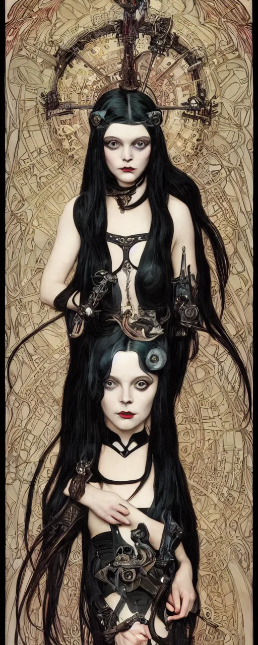 Image similar to striking sensual gorgeous sci - fi art nouveau portrait of wednesday addams as the dark goddess lilith by michael kaluta, chris achilleos and alphonse mucha, photorealism, extremely hyperdetailed, perfect symmetrical facial features, perfect anatomy, ornate declotage, weapons, circuitry, high technical detail, determined expression, piercing gaze