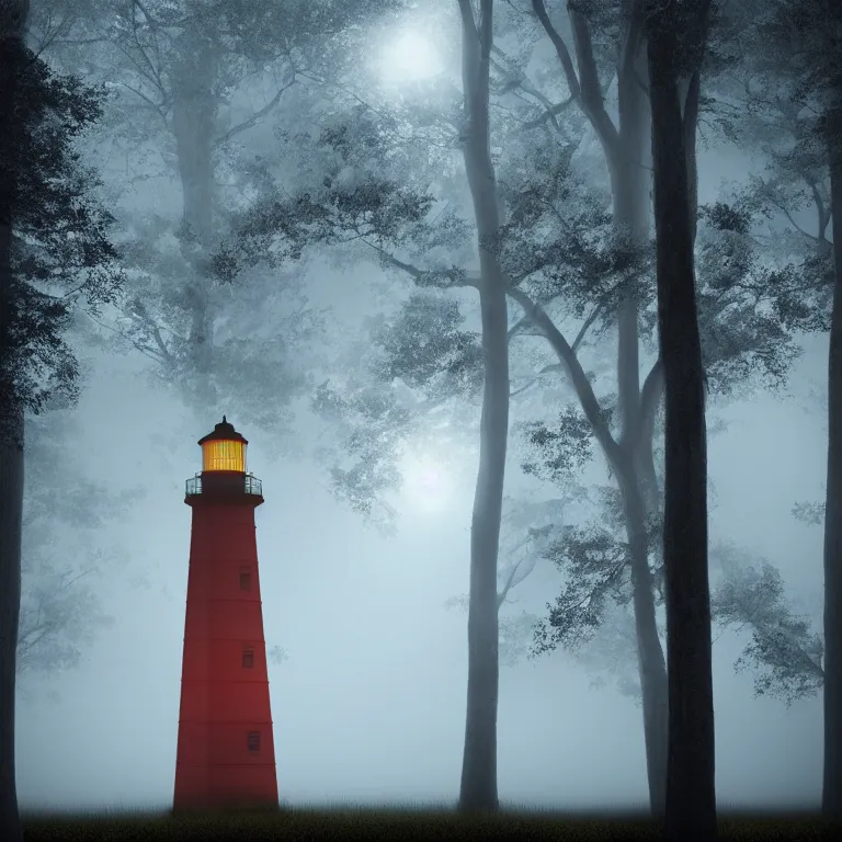 Prompt: lighthouse in the woods foggy night photorealistic