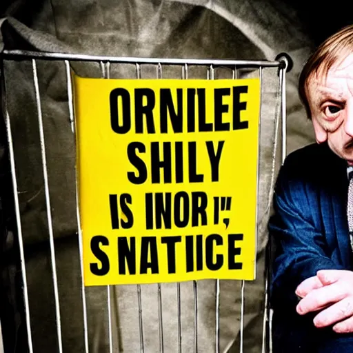 Image similar to mark e smith uncomfortably crouched in a small cage with a sign that says for sale