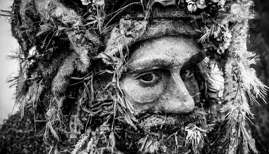 Prompt: portrait of a tyrolean folklore mask, dolomite, forest, wearing hay coat, with horns, eerie, smiling, flowers growing out of his body and face, detailed intricate insanely detailed octane render, 8k artistic 1920s photography, black and white, grainy, photorealistic, chiaroscuro, by David Cronenberg, Raphael, Caravaggio