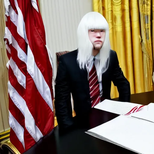 Image similar to griffith from berserk by kentaro miura sitting at white house desk with american flag at his side, photo by getty images