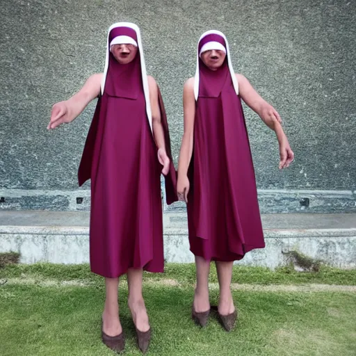 Image similar to photo of wearing pointed hats, translucent dresses, two freaky levitating twin nuns