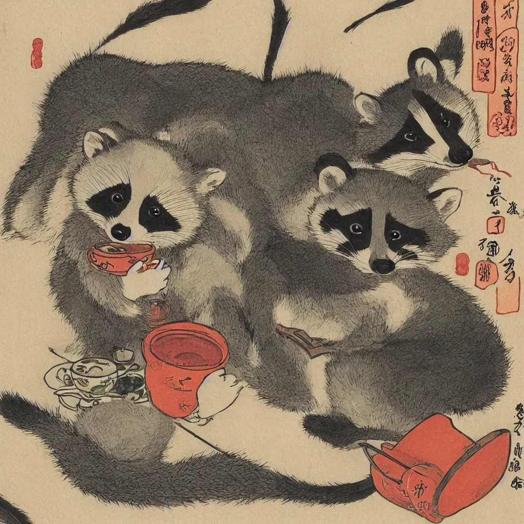 Image similar to little raccoon sitting by a cozy fireplace with a cup of tea. warm color temperature. ukiyo - e,