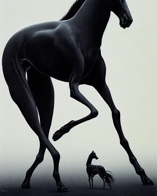 Image similar to painting of hybrid between black weimaraner & black stallion horse! & intercrossed animal, by zdzislaw beksinski, by mattias adolfsson, concept art, single object scene, beautiful composition, 8 k, digital painting