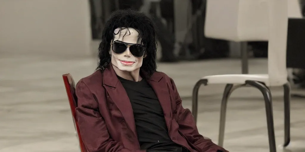 Image similar to michael jackson 2 0 0 9 wearing shades, alone, this is it style, photo real, skin, motion blur, sitting in a chair, by himself, real life, spotted, leaked, ultra realistic face, accurate, 4 k, movie still, uhd, sharp, detailed, cinematic, render, modern