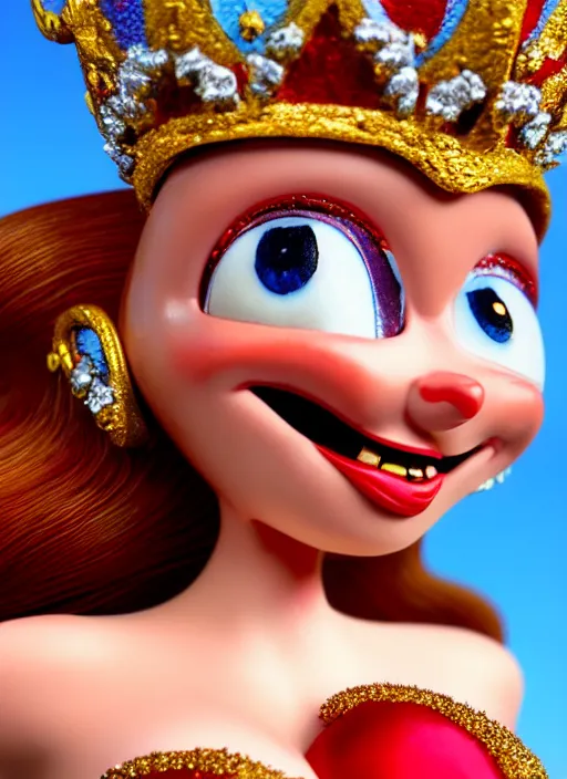 Image similar to highly detailed closeup, face profile portrait of a tin toy jessica rabbit as a fairytale princess wearing a crown eating cakes, bikini, unreal engine, nicoletta ceccoli, mark ryden, earl norem, lostfish, global illumination, detailed and intricate environment