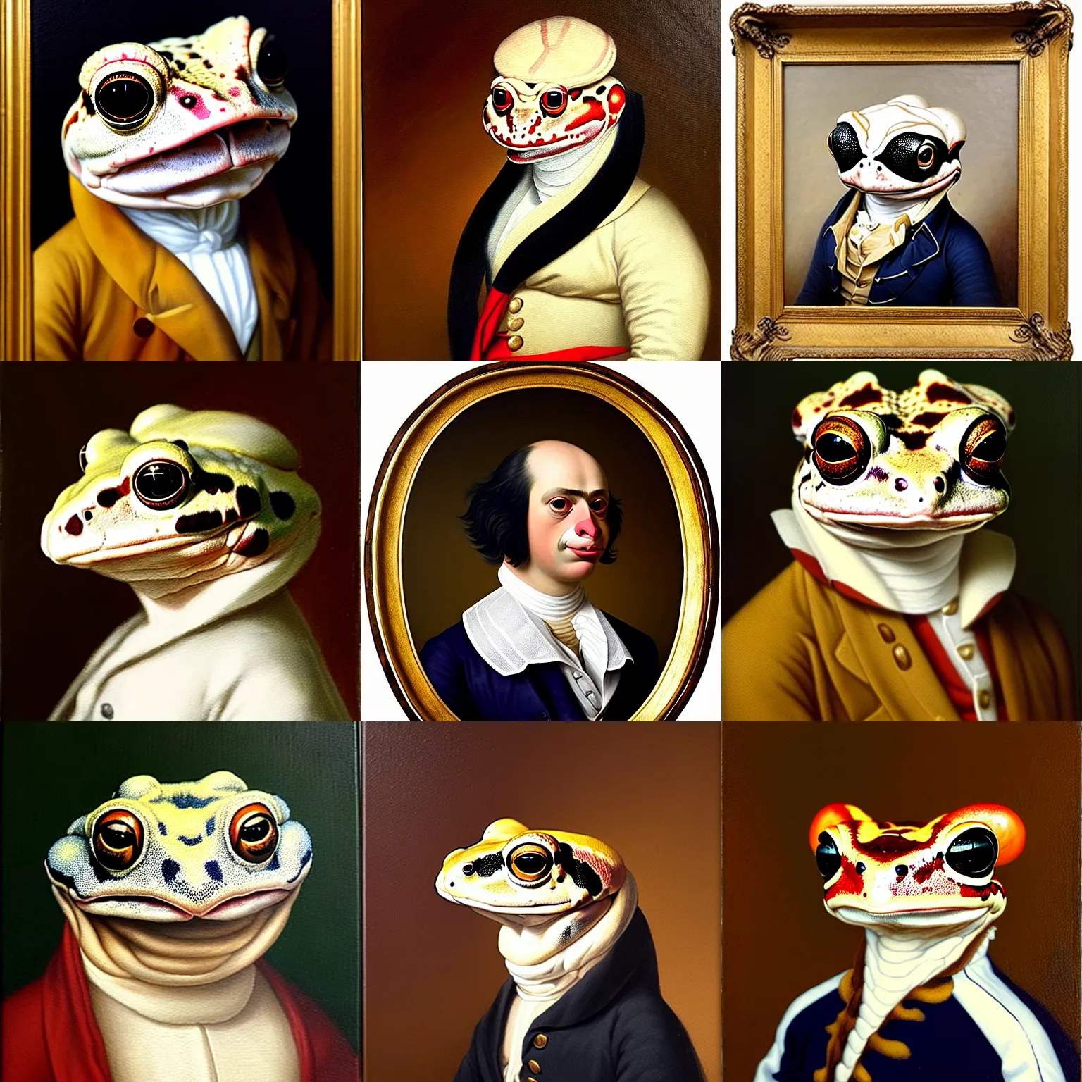 Prompt: a head and shoulders portrait painting of an anthropomorphic!!!!!!!!!! amazon milk frog!!!!!!!!!! wearing a colonial outfit without a hat looking off camera, a character portrait, classicism, romanticism, oil on canvas,