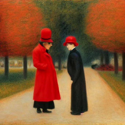 Image similar to a thin man in a black coat and bowler hat talks with small young girl who is dressed in a red coat and a red hat, park, autumn, 1923, wide angle, high detail, in style of Pierre-Auguste Renoir, 8k, width 768