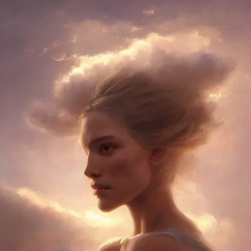 Image similar to a beautiful portrait of a cloud goddess by Greg Rutkowski and Raymond Swanland, Trending on Artstation, ultra realistic digital art