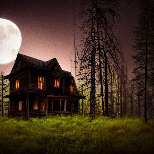 Image similar to dark forest with scary wooden house, full moon, cinematic scene