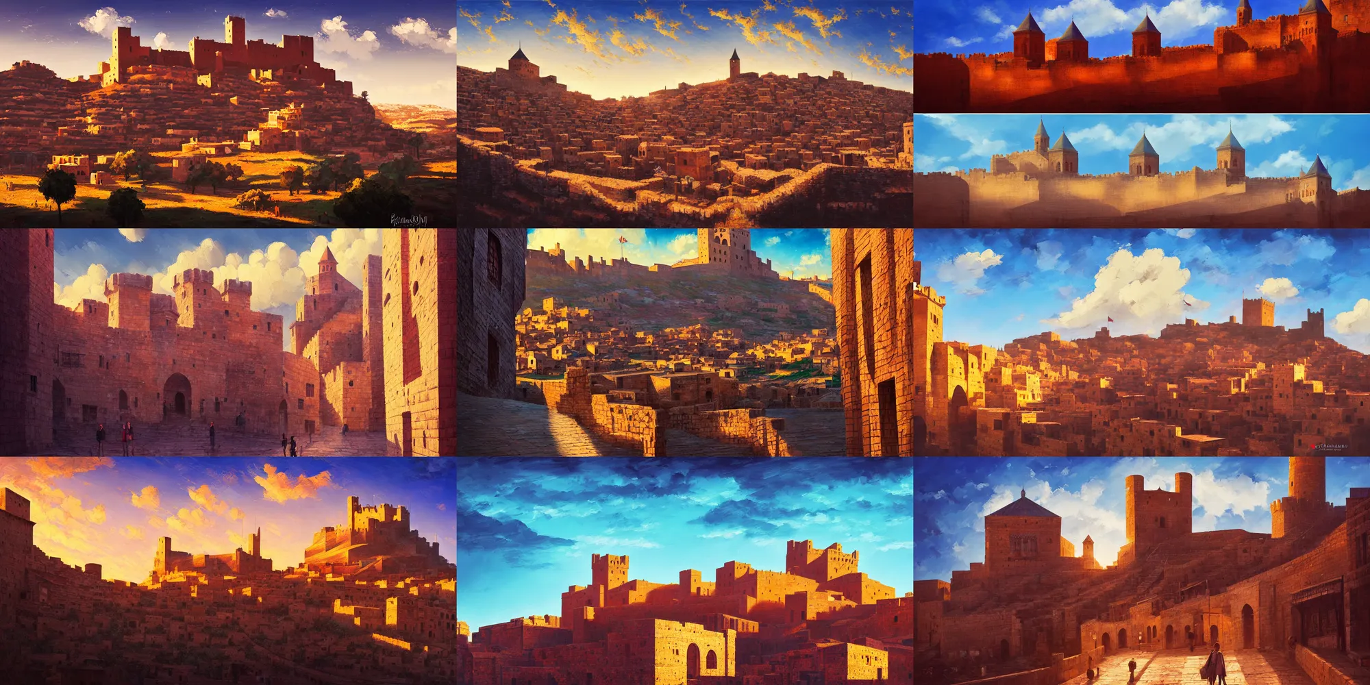 Prompt: mardin old town castle, digital oil painting, high contrast, colorful, clear sky, volumetric lighting, studio ghibli, atmospheric, noah bradley, alena aenami, greg rutkowski