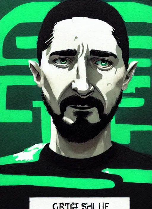 Image similar to highly detailed closeup portrait of creepy staring shia lebouf with motivational text by atey ghailan, by greg rutkowski, by greg tocchini, by james gilleard, by joe fenton, by kaethe butcher, gradient green, black and white color scheme, grunge aesthetic!!! ( ( graffiti tag wall background ) )