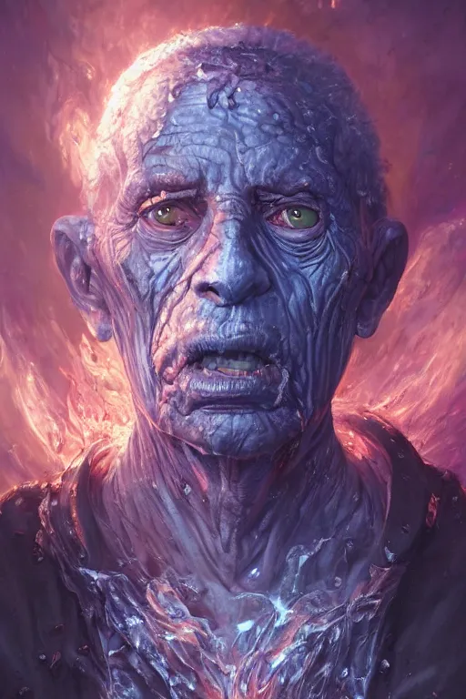 Image similar to the look of an elderly person, necromancer, witch - doctor covered with ice exploding into fire, full of wrinkles and imperfections, highly detailed, high contrast, light reflection, trippy, nebula, trending on artstation by artgem and greg rutkowski, by peter mohrbacher, wlop, ruan jia