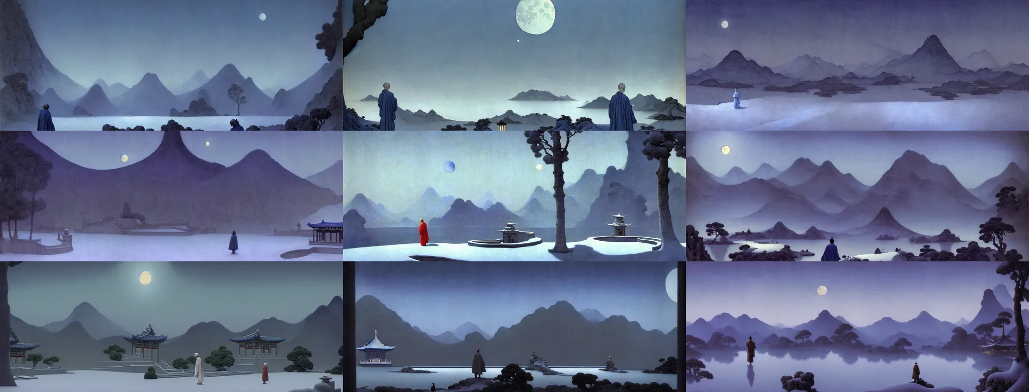 Image similar to a gorgeous landscape painting by barlowe wayne maxfield parrish and marco mazzoni. drak blue night sky. just one winter moon!! snow. chinese temple. just one lonely chinese monk in grey blue long gown walks on the winding steps. ultra clear detailed. 3 d, octane render. turbulent blood lake. fog