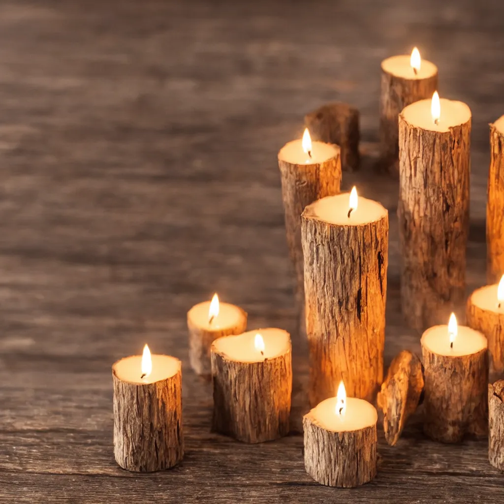 Prompt: close - up view of candles on top of a wooden table, 8 k, high detail, photorealistic, proper shading, gorgeous view