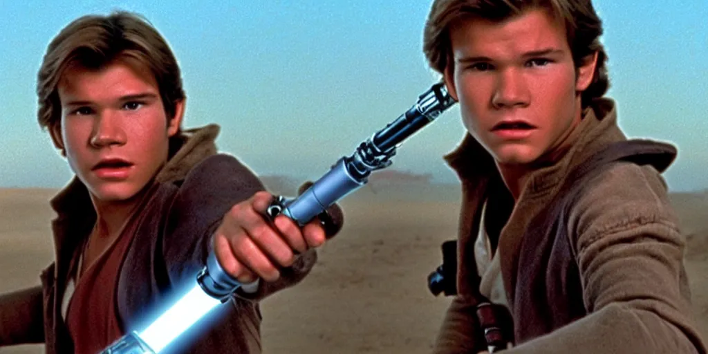 Prompt: A full color still from a film of a teenage Han Solo as a Jedi padawan holding a lightsaber hilt, from The Phantom Menace, directed by Steven Spielberg, 35mm 1990