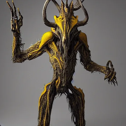 Prompt: a humanoid fantasy species with leathery gray skin, a wiry build, lanky arms, claws, four-fingered hands, two sleek horns, a long snout, yellow eyes, and fangs