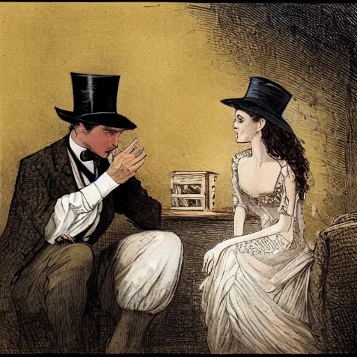 Image similar to a mummy in victorian clothes and a top hat has an intimate conversation with a woman in victorian clothes, graphic novel style by alan lee and john howe