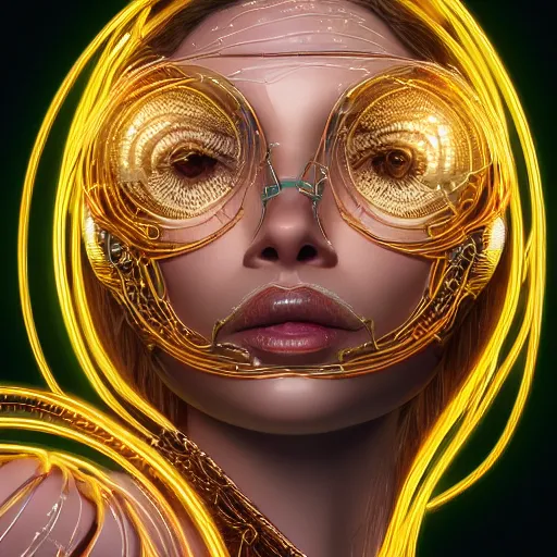 Image similar to woman integrating with technology, full face, insipiring, detailed intricate ornate cables connected to head, big open electric eyes, luxurious detailed abundent wiring and implants, diamonds, sci-fi, neon, emeralds, detailed technology full background, highly detailed, artstation, Rene Lalique and Eddie Mendoza