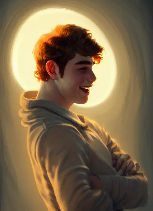 Prompt: portrait of teenage archie andrews, freckles, curly middle part haircut, curly hair, smiling kindly, intricate, elegant, glowing lights, highly detailed, digital painting, artstation, concept art, smooth, sharp focus, illustration, art by wlop, mars ravelo and greg rutkowski