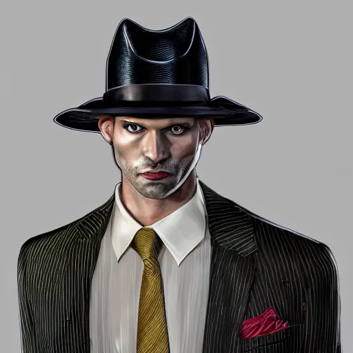 Image similar to a upper body portrait of a deer lord in a pinstriped suit and pants wearing a fedora with the antlers sticking out of the fedora by artgerm and wlop, intricate detail, digital art, photorealistic, trending on artstation