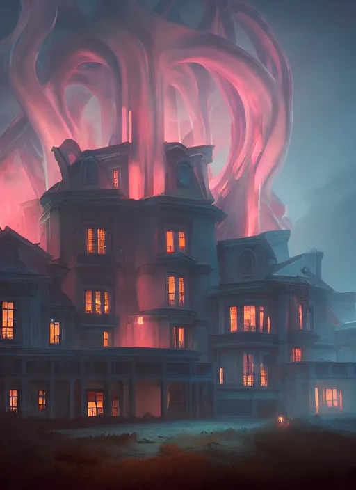 Image similar to giant tentacles destroying a glowing mansion in burning vapor dramatic lighting, faces floating, artstation, matte painting, aykut aydogdu, allen williams, artem chebokha