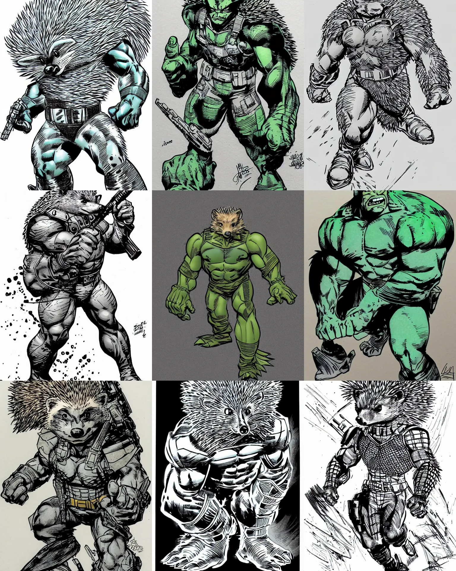 Prompt: hedgehog!!! jim lee!!! medium shot!! flat colored ink sketch by jim lee close up in the style of jim lee, winning pose swat soldier armor hulk hedgehog animal by jim lee