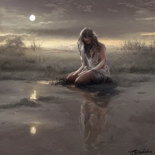 Prompt: reflection of the full moon in a broken mirron on the ground, very detailed, digital painting, oil painting, hyperrealistic, highly detailed, beautiful, artstation, cgsociety, art by greg rutkowski, by artgerm