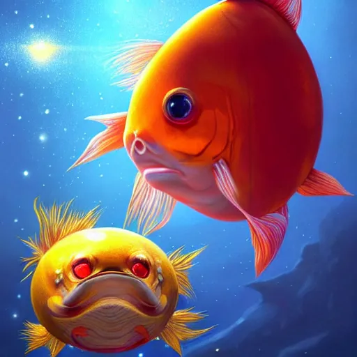 Image similar to a photorealistic portrait of magikarp, it has yellow hair and a beautiful unconventional face, deep space in the background, elegant, highly detailed, digital painting, artstation, realism, concept art, pop, smooth, mythological, sharp focus, qualia, illustration, art by mark ryden 3 d 8 k ultra detailed