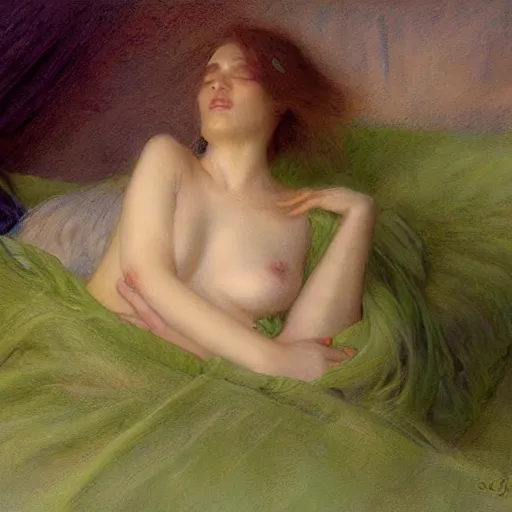 Prompt: passionate light green by sergey musin, by jean delville. a photograph of a woman reclining on a bed.