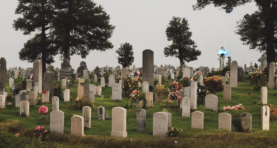 Image similar to a cemetery in the style of wes anderson