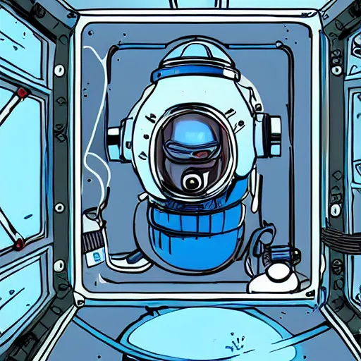 Image similar to a fish wearing a diving helmet inside the airlock of a space station, sci-fi illustration,