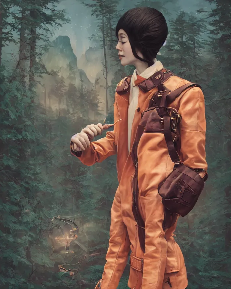 Image similar to highly detailed portrait of androgynous girl wearing bakelite leather jacket, bakelite rocky mountains, japanese haunted forest, by hsiao - ron cheng and artgerm, modular synthesizer helmet backpack, the grand budapest hotel, glow, no crop, digital art, artstation, pop art