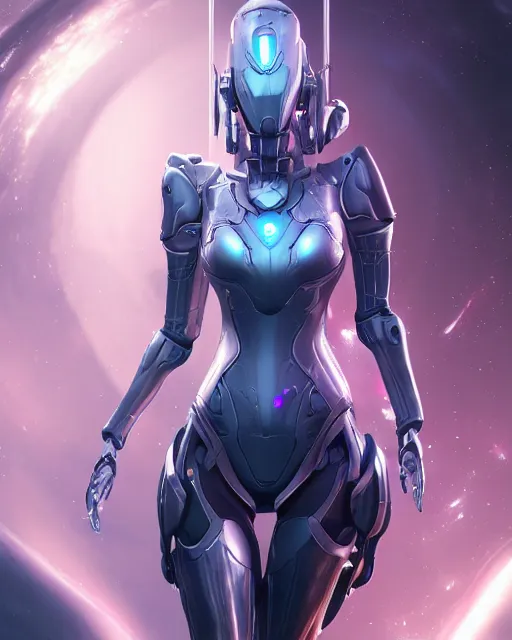 Image similar to perfect android girl on a mothership, warframe armor, beautiful face, scifi, futuristic, galaxy, nebula, raytracing, dreamy, long white hair, blue cyborg eyes, sharp focus, cinematic lighting, highly detailed, artstation, divine, by gauthier leblanc, kazuya takahashi, huifeng huang