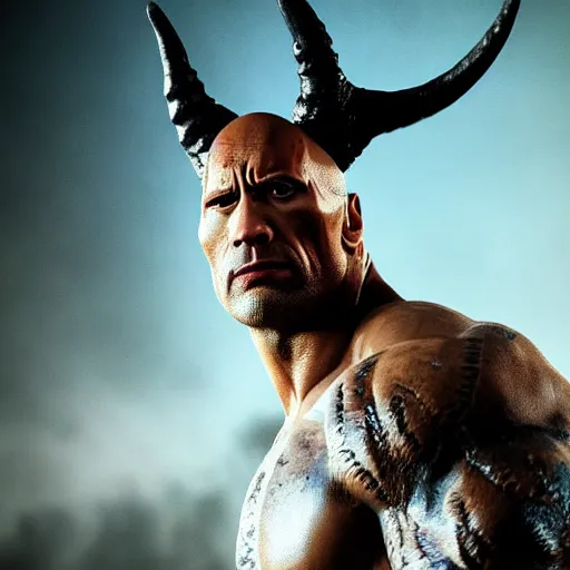 Prompt: Dwayne the Rock Johnson as the devil, horns and red eyes, post apocalyptic, high res render, octane cgsociety