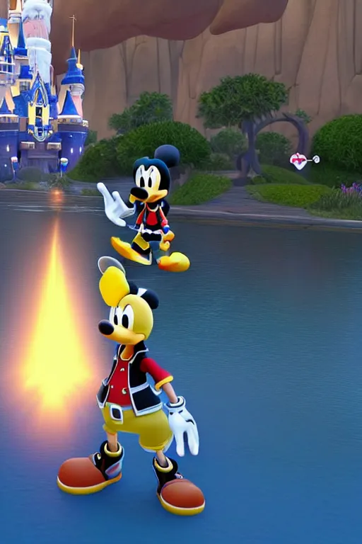 Prompt: screenshot of kingdom hearts 3, Disney and final fantasy crossover, donald duck and goofy npc characters, Kingdom hearts styled gameplay, unreal engine 4, kingdom hearts 3, kingdom hearts, cartoony lighting, disneyworld at kingdom hearts, Disney inspired setting with Sora and Donald in the scene, image of an action adventure rpg, magical fantasy l, artstationHD, stunning pixar graphics, rtx on, sharp focus